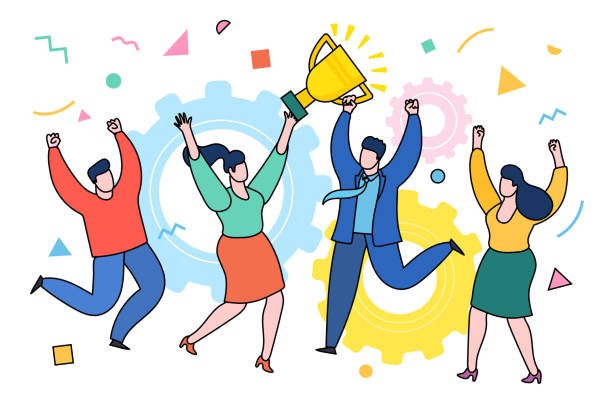 Concept of Business team achievements. Cool vector concept on prize winning with casually clothed group of people, golden cup and confetti. Group of people jumping and cheering happily holding trophy. Flat design, vector illustration.