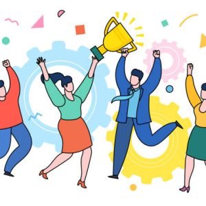 Concept of Business team achievements. Cool vector concept on prize winning with casually clothed group of people, golden cup and confetti. Group of people jumping and cheering happily holding trophy. Flat design, vector illustration.